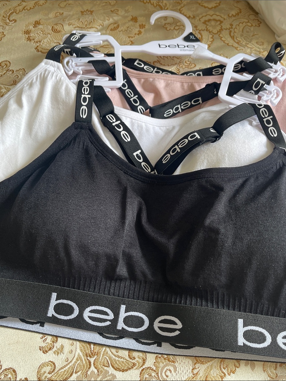 bebe Pack of 3 Logo Strap Bralettes - Black, White, Dusty Pink - Picture 2 of 5